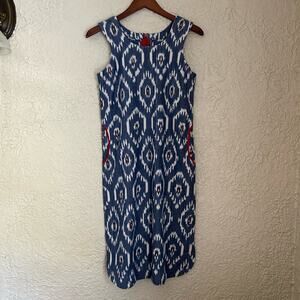 Vintage 70s Handmade Retro Patterned Blue and White Dress with Pockets Size Med